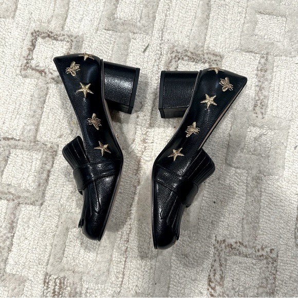 NIB Authentic Gucci Leather Quentin Loafers Embroidered Bee and Star Black 35.5 - Picture 4 of 8